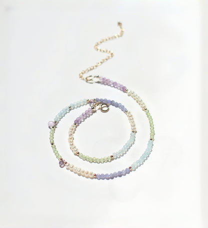 [Enchanted Harmony] Necklace amethyst, peridot, pearl, tanzanite and aquamarine.