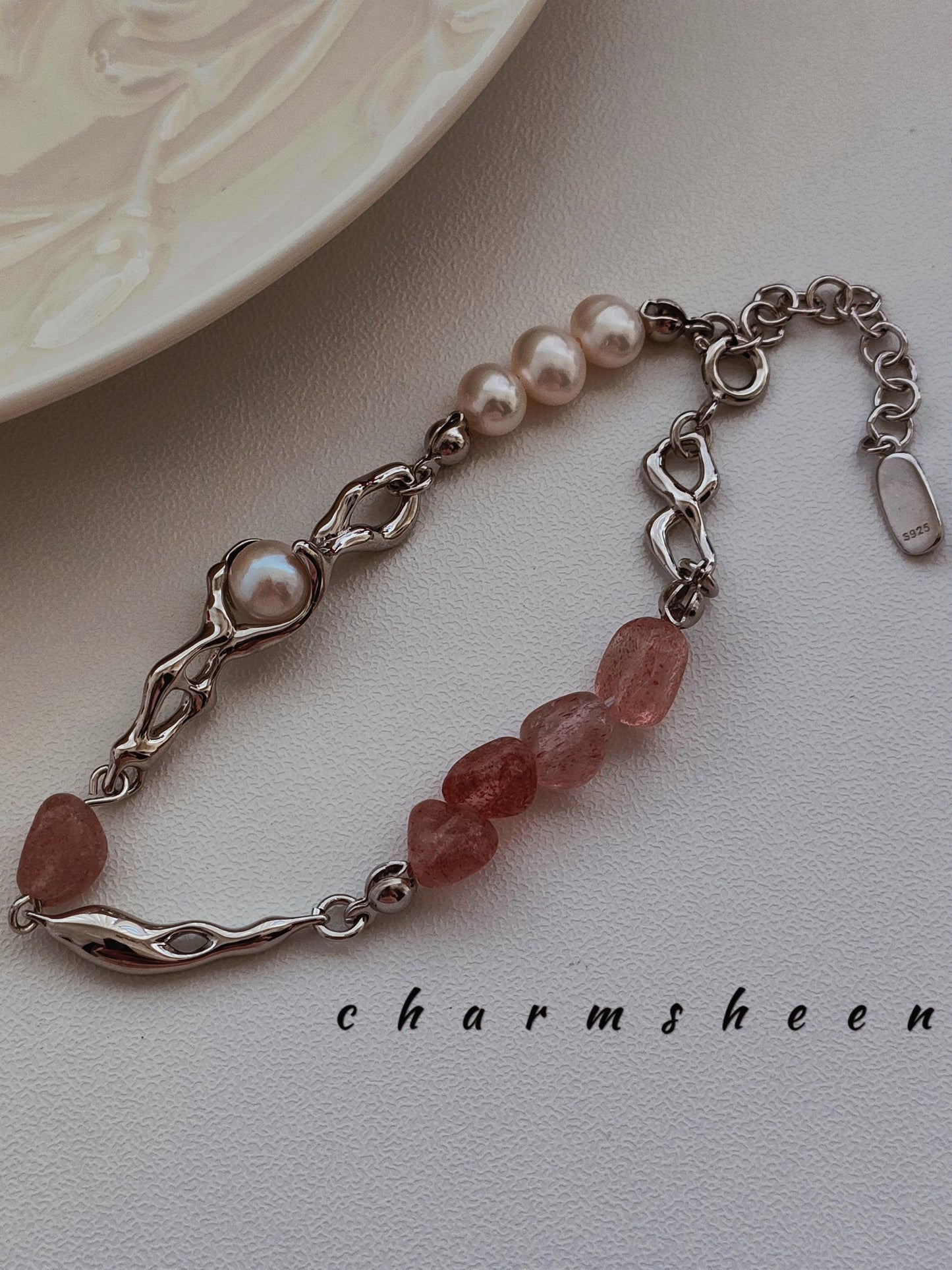 [Sakura] Strawberry Quartz Pearl Silver Bracelet