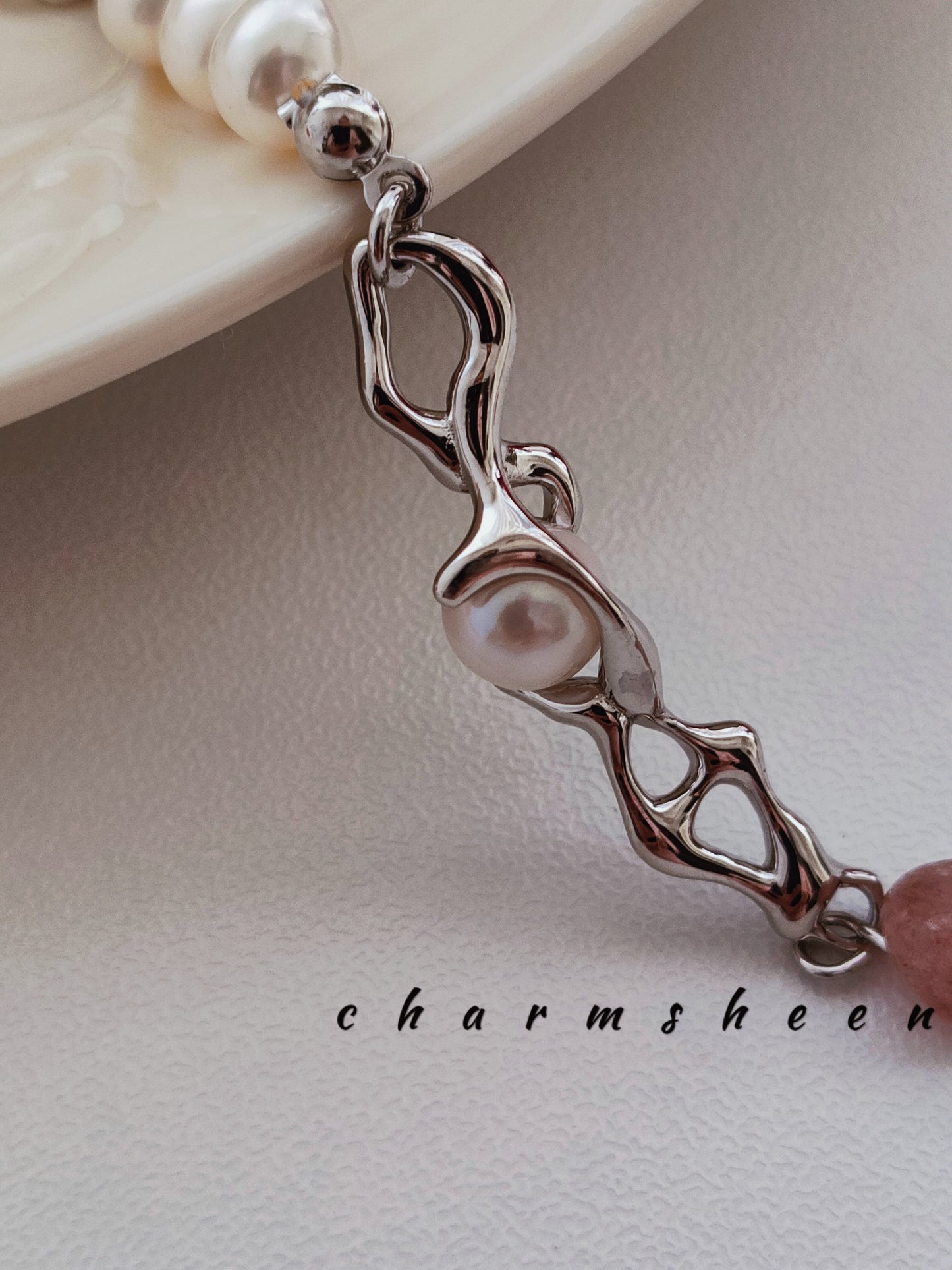 [Sakura] Strawberry Quartz Pearl Silver Bracelet