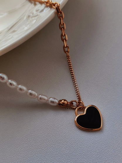 [Heart Beat] 18k Gold Planting Freshwater Pearl Enamel Necklace