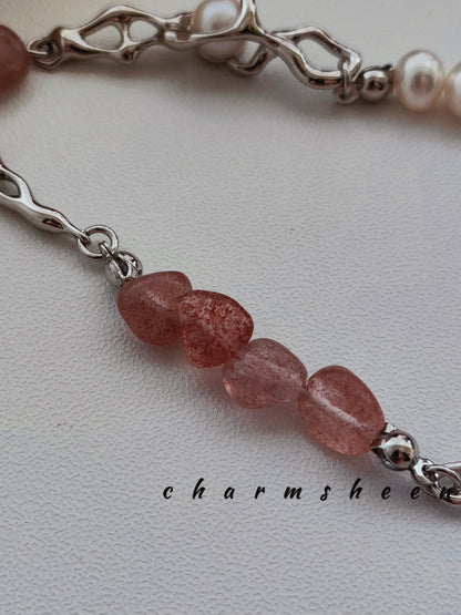 [Sakura] Strawberry Quartz Pearl Silver Bracelet