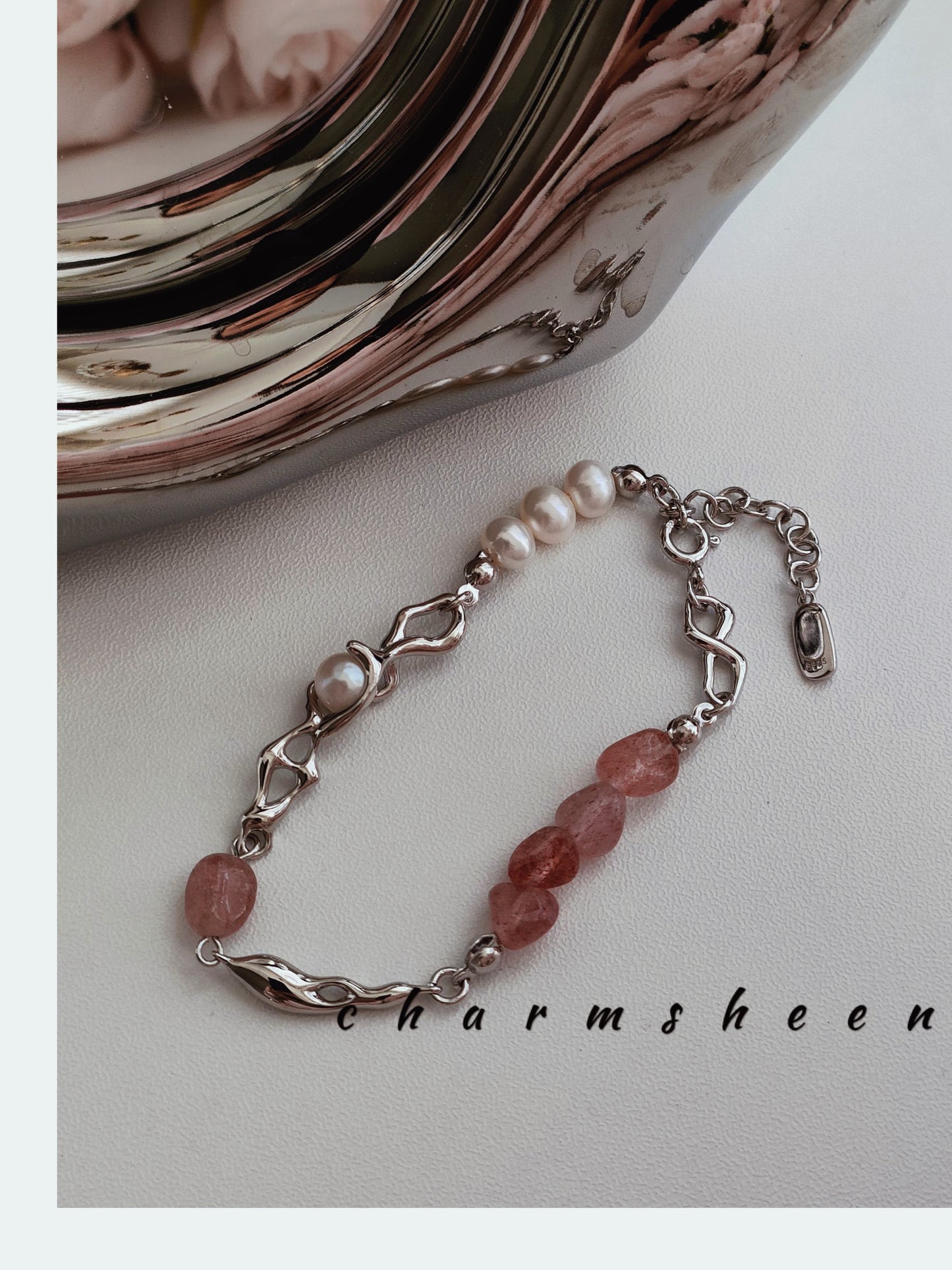 [Sakura] Strawberry Quartz Pearl Silver Bracelet