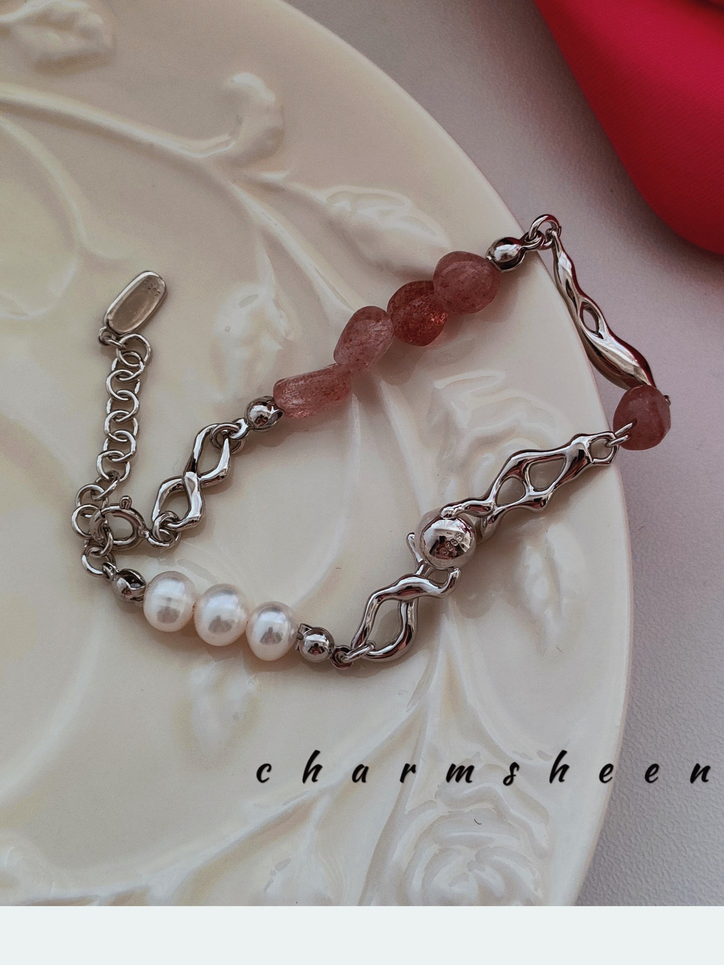 [Sakura] Strawberry Quartz Pearl Silver Bracelet